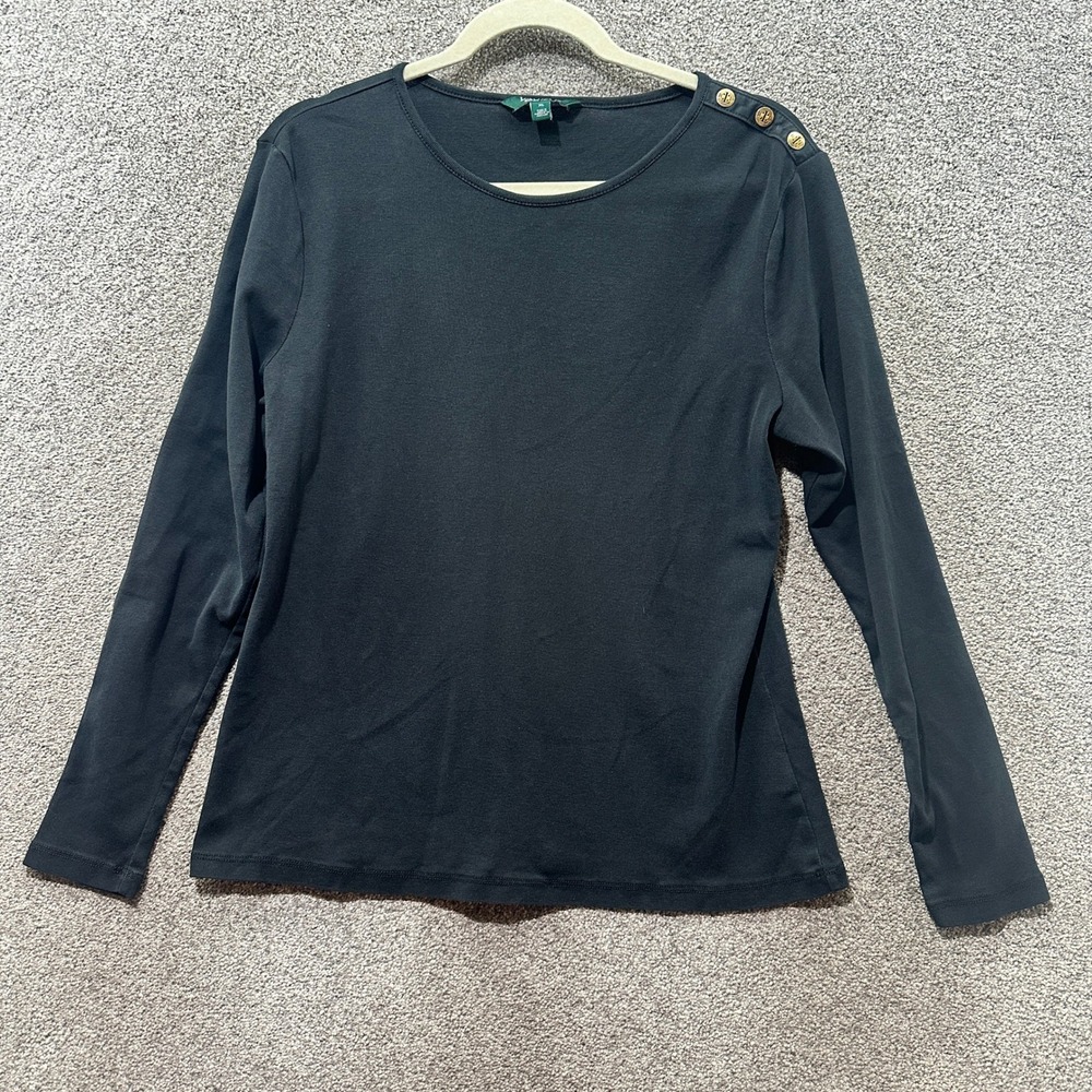 Lauren‎ Ralph Lauren T-Shirt Top Women XL Black Long Sleeve Casual Button Detail